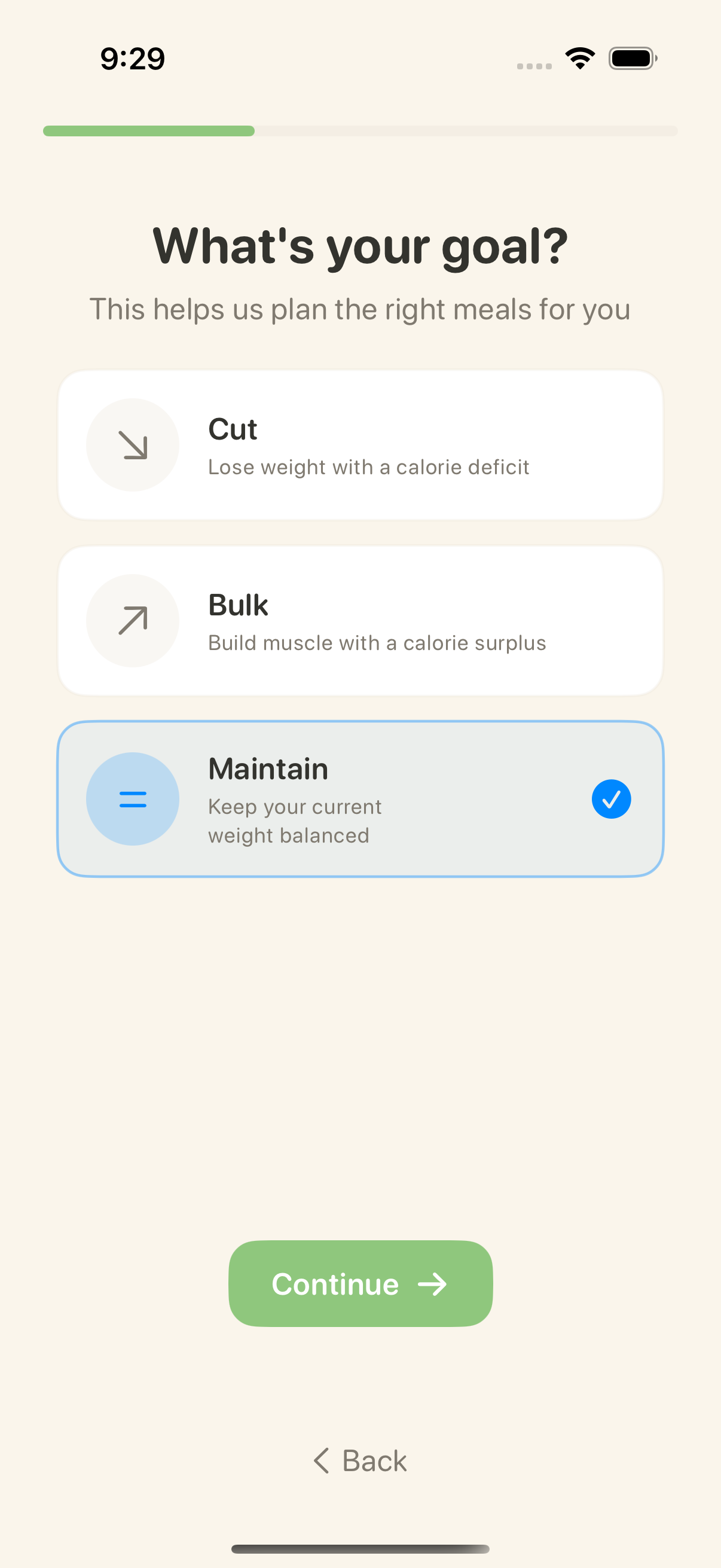 Grubly goal selection screen - choose Cut, Bulk, or Maintain