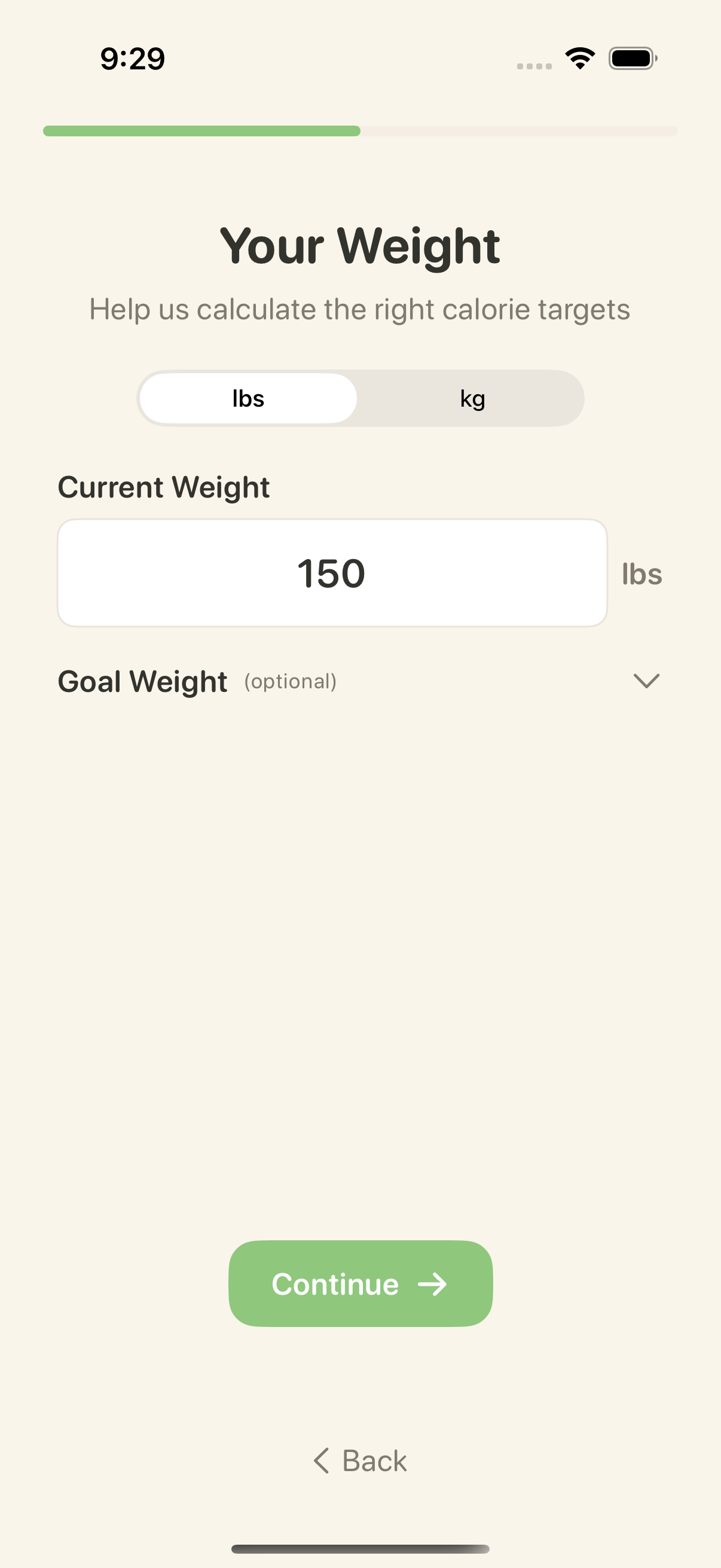 Grubly weight entry screen for personalized calorie targets